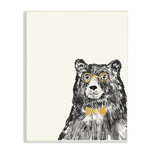 Stupell Industries Black Bear Golden Glasses Bow Tie Kids' Animal Wall Plaque